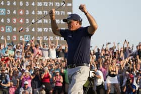 Phil Mickelson celebrates his historic win in golf's US PGA Champiomnships.