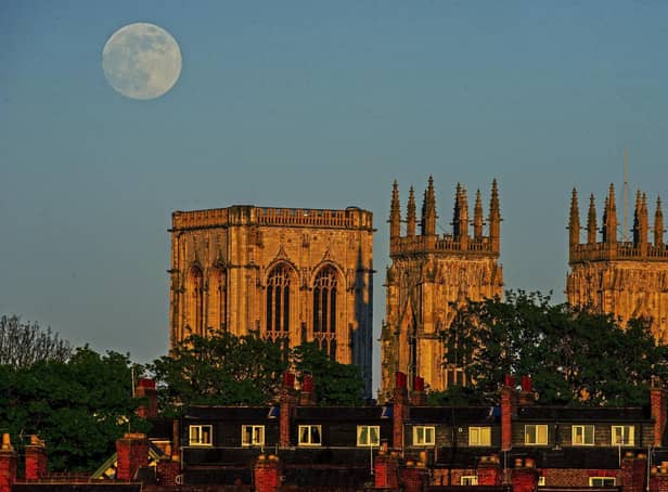 The Flower Moon rising above York Minster in 2020