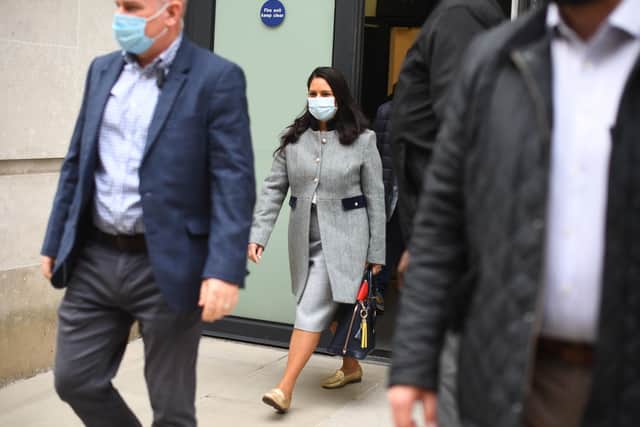 Home Secretary Priti Patel leaves BBC Broadcasting House in London after her appearance on The Andrew Marr Show. to discuss the fallout from the Panorama interview with Diana, Princess of Wales, in 1995.