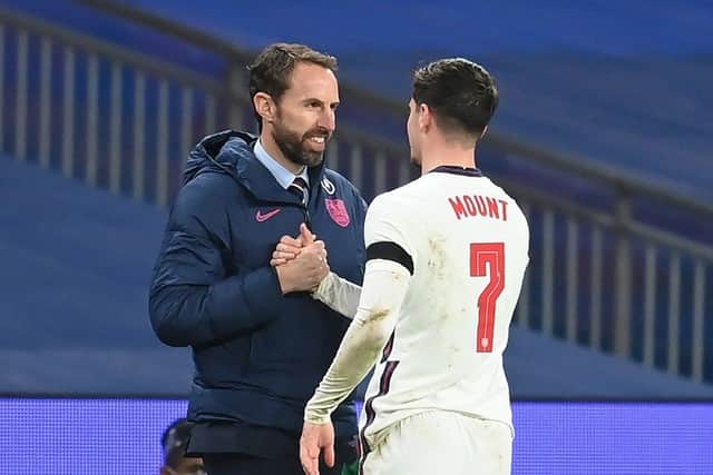 England manager Gareth Southgate shakes hands with Mason Mount. Picture: Michael Regan/PA