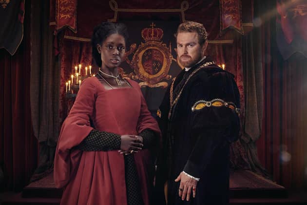 Jodie Turner-Smith as Anne Boleyn, Mark Stanley as Henry VIII. PA Photo/ViacomCBS Networks International.