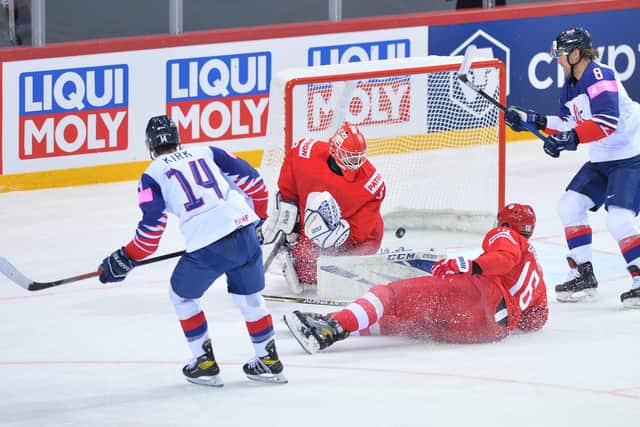 GET IN: Liam Kirk scores his first goal for the GB senior team in Saturday's 7-1 defeat to Russia. Picture courtesy of Dean Woolley.