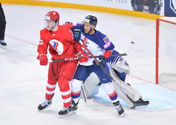 Ben O'Connor battles in front of his net in the 7-1 defeat to Russia on saturday in Riga. Picture courtesy of Dean Woolley.