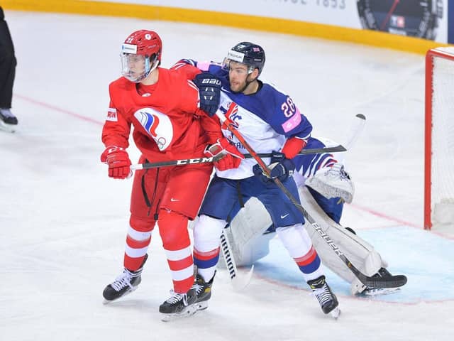Ben O'Connor battles in front of his net in the 7-1 defeat to Russia on saturday in Riga. Picture courtesy of Dean Woolley.