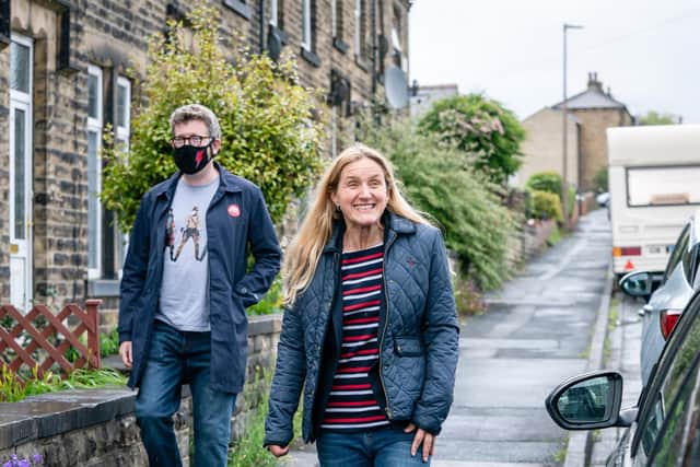 Labour candidate Kim Leadbeater, the sister of murdered MP Jo Cox, on the campaign trail in Heckmondwike, West Yorkshire, ahead of the the Batley and Spen by-election. Pic: PA
