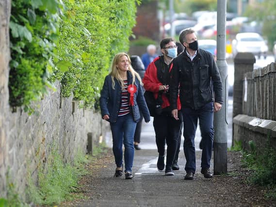 Labour candidate Kim Leadbeater, the sister of murdered MP Jo Cox, on the campaign trail in Heckmondwike, West Yorkshire, with Sheffield City Region mayor Dan Jarvis ahead of the the Batley and Spen by-election. Pic: Simon Hulme