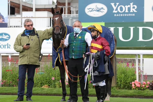 Mark Johnston (left) in the York winners' enclousre with Derby contender Gear Up. Photo: York Racecourse.