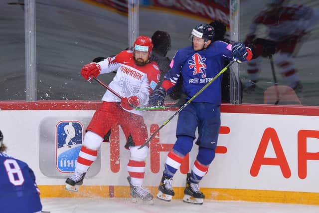 GETTING BETTER: GB defenceman Davey Phillips in action against Denmark on Tuesday in riga. Picture courtersy of Den Woolley.