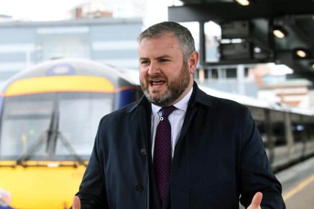 Andrew Stephenson visiting Leeds rail station earlier today.