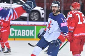 DOUBLE TROUBLE: Liam Kirk celebrates his second goal against Belarus at the World Championships in Riga. Picture: Dean Woolley.