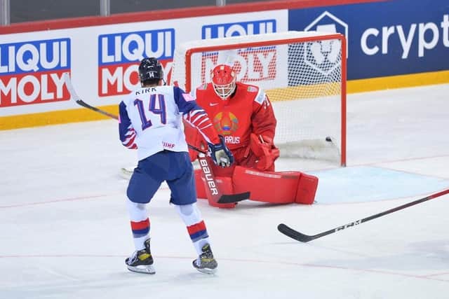 HOW'S THAT FOR STARTERS? Liam Kirk fires through Belarus netminder Danny Taylor to make it 1-0 to GB in Riga. Picture: Dean Woolley
