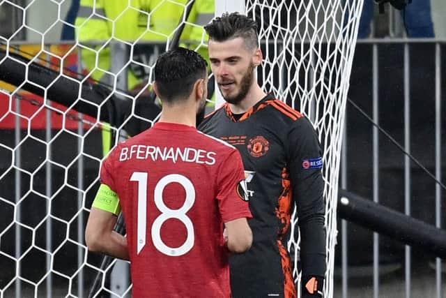 Manchester United's Bruno Fernandes speaks to goalkeeper David de Gea (right) during the UEFA Europa League final, at Gdansk Stadium, Poland. (Picture: PA)