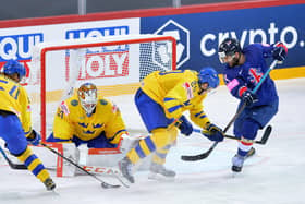 ON TARGET: Liam Kirk, far right, scopreer of Great Britain's goal, battles for possession in front of the Sweden net. Picture: Dean Woolley.