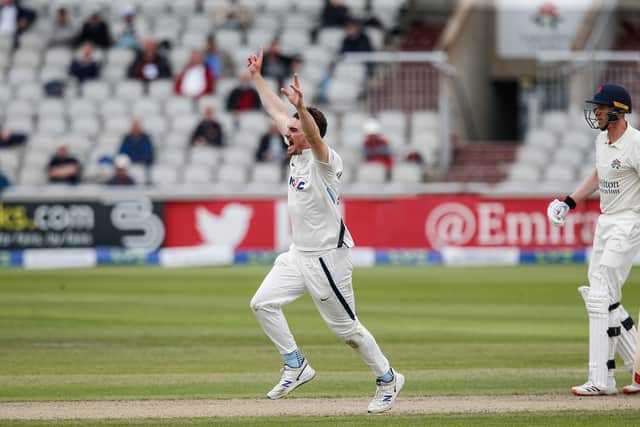Yorkshire's Jordan Thompson celebrates one of his three wickets on day two. Picture: John Heald.