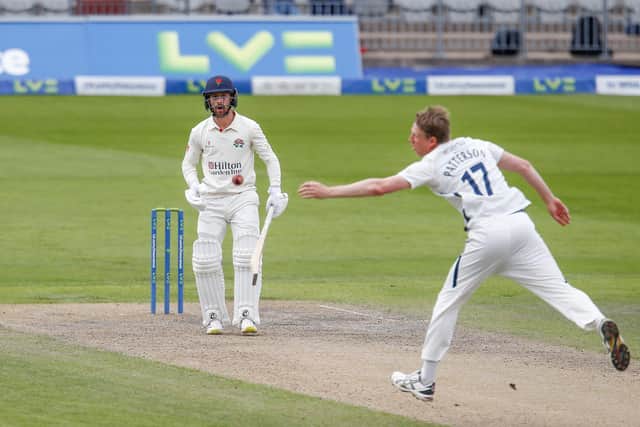 SO CLOSE: Yorkshire captain Steve Patterson narrowly misses out on a caught and bowled chance from Lancashire's Josh Bohannon. Picture: John Heald.