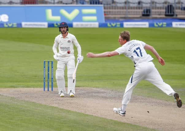 SO CLOSE: Yorkshire captain Steve Patterson narrowly misses out on a caught and bowled chance from Lancashire's Josh Bohannon. Picture: John Heald.
