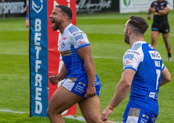 Kruise Leeming celebrates his second try.   Pictures: Bruce Rollinson