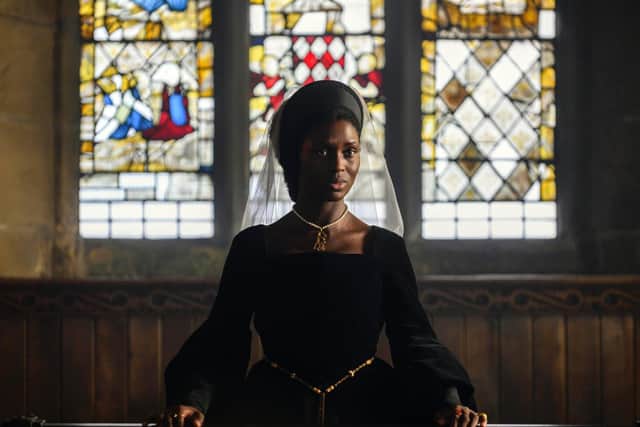 Anne Boleyn (Jodie Turner-Smith) at St Michael's Church, Emley, which was used for the trial scenes. Credit Parisa Taghizadeh / Fable / The Falen Falcon