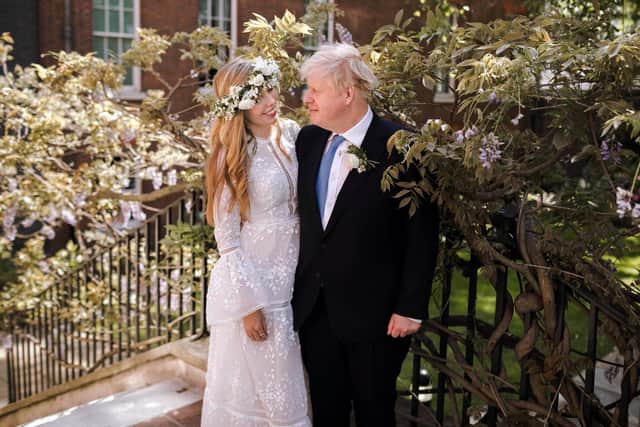 Prime Minister Boris Johnson and Carrie Johnson in the garden of 10 Downing Street after their wedding