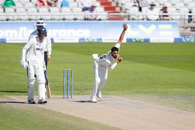 Five star: Lancashire's Saqib Mahmood claimed his first five-wicket haul as Yorkshire were humbles at Old Trafford. Pictured: John Heald
