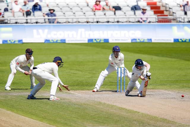 Digging in: Yorkshire batsman Harry Brook scored 52 and batted for 159 minutes as the White Rose desperately tried to bat out for a draw against Lancashire at Old Trafford. Picture: John Heald