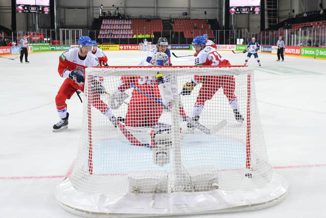 Matthew Myers gets GB on the board against the Czech Republic on Saturday in Riga. Picture: Dean Woolley.