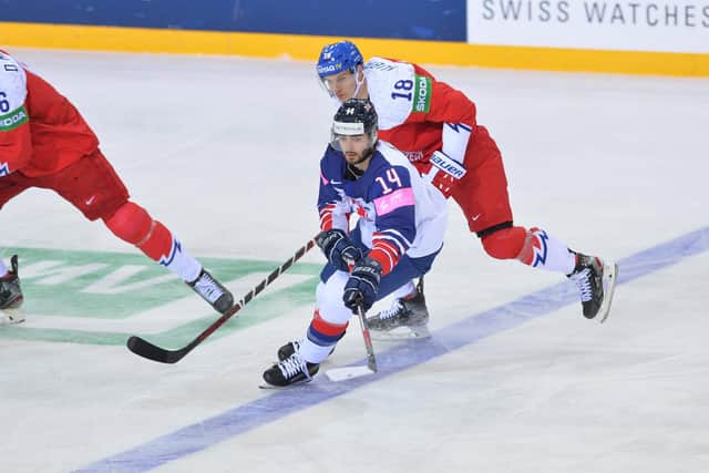 Liam Kirk tries to get some offence going in a tough game against the Czech Republic on Saturday in Riga. Picture: Dean Woolley.