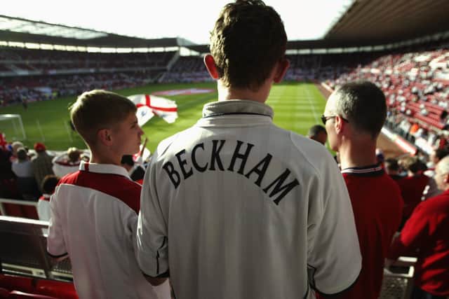 Riverside view: An England fan wears his David Beckham shirt during the European Championship 2004 qualifying match between England and Slovakia at the Riverside Stadium.