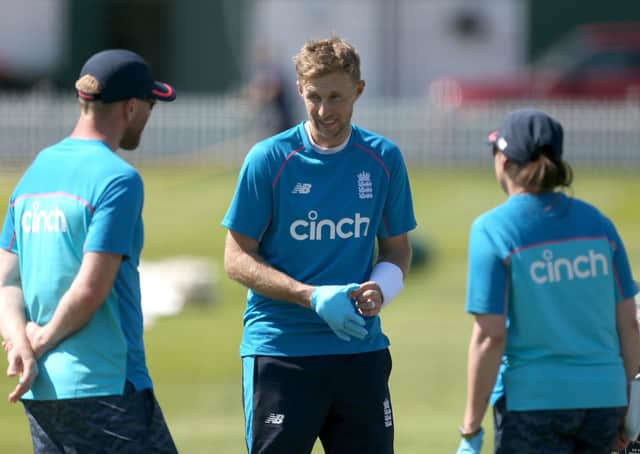 Anxious moment: Yorkshire’s England Test captain Joe Root is treated after being struck on the hand in the nets, but should be fit to face New Zealand. Picture: Steven Paston/PA