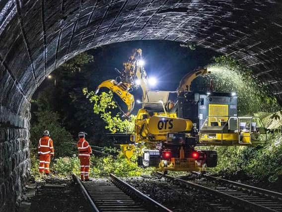 Renew workers clear fallen branches on a railway line