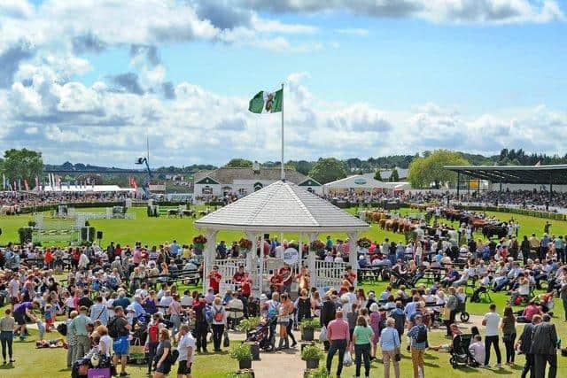 Visitors on the Presidents Lawn, the bandstand and the cattle parade in the main ring at the Great Yorkshire Show in 2019.