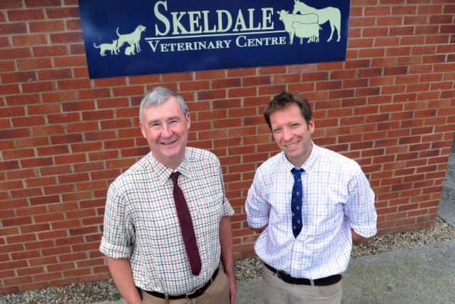 Peter Wright with former colleague Julian Norton (right) outside Skeldale Veterinary Centre in Thirsk