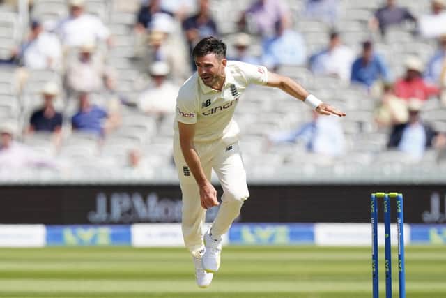 Equalling the record: England's James Anderson bowling during day one of the first  Test at Lord's.