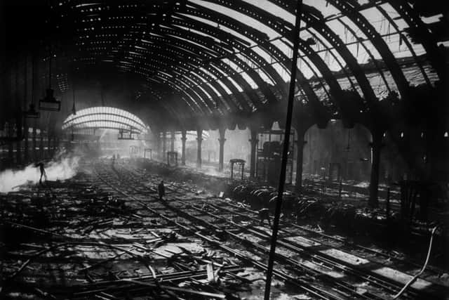 Circa 1942:  A general view of York Railway Station after being bombed extensively by German planes. (Photo by Hulton Archive/Getty Images)