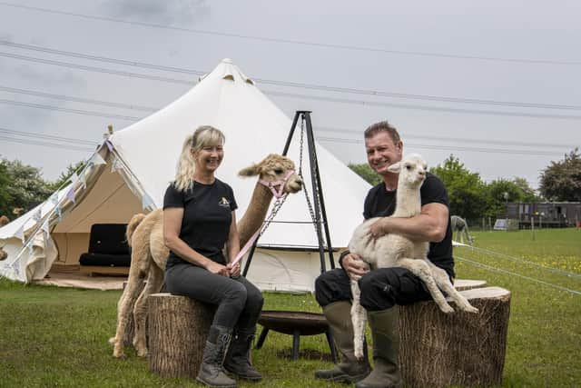 Dean and Karen Pratt with two-week-old alpacas Jackie and mum Abby by the new glamping pods at Tickhill Alpacas at Sunny Acres in Tickhill, South Yorkshire.