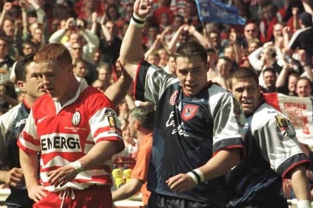 Castleford Tigers physio’ Matt Crowther celebrates a try for Sheffield Eagles in their shock Challenge Cup final win over Wigan in 1998. Picture: Tony Harris/PA.