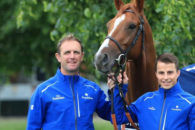 Charlie Appleby (left) and William Buick (right) with 2018 Derby winner Masar.