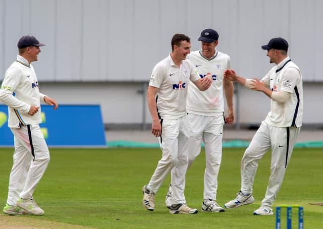 Yorkshire's Harry Brook celebrates taking the wicket of Sussex's Ali Orr's, caught by Duanne Olivier, at Headingley. Picture: Bruce Rollinson