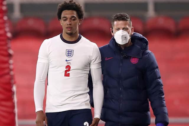 SETBACK: England's Trent Alexander-Arnold leaves the pitch after picking up a thigh injury against Austria. he will now miss Euro 2020. Picture: Scott Heppell/PA Wire.