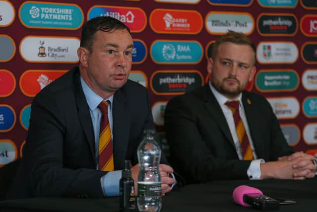 NOW HEAR THIS: Derek Adams with Bradford City CEO Ryan Sparks at Friday's press conference. Picture: Thomas Gadd.