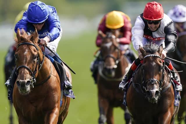 This was Hurricane Lane and William Buick (left) winning last month's Dante Stakes at York ahead of today's Cazoo Derby.