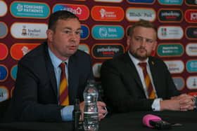 In charge: Derek Adams with Bradford City chief executive Ryan Sparks to his right as he is announced as the new Bradford City manager. Picture: Thomas Gadd