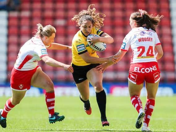 Savannah Andrade on the attack for York in the Wmen's Challenge Cup final defeat by St Helens. Picture by Alex Whitehead/SWpix.com.