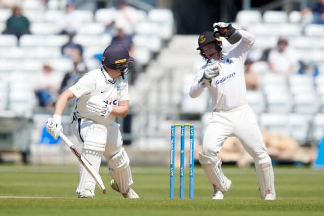Gary Balance of Yorkshire get out to the bowling of Jack Carson caught by Ben Brown. Picture by John Clifton/SWpix.com