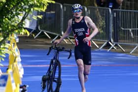 Pedal power: Sam Dickinson in action during the AJ Bell 2021 World Triathlon Championship Series in Leeds.