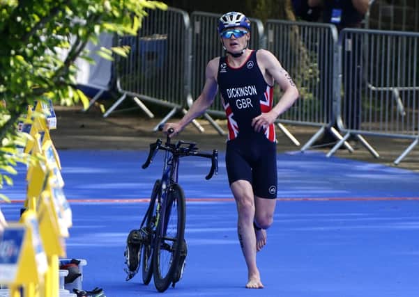 Pedal power: Sam Dickinson in action during the AJ Bell 2021 World Triathlon Championship Series in Leeds.