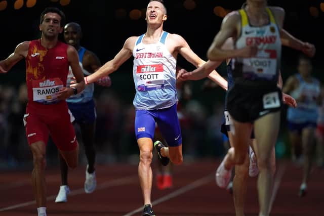 Great Britain's Marc Scott reacts as he crosses the finish line in the Men's International Race A, part of the 2021 Muller British Athletics 10,000m Championships and the European 10,000m Cup at University of Birmingham (Picture: Martin Rickett/PA Wire).
