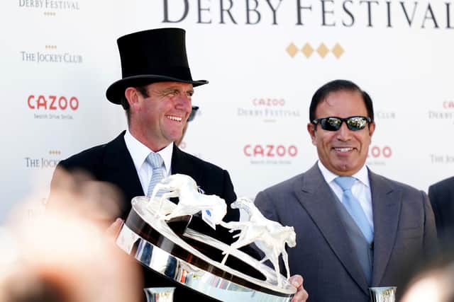 Charlie Appleby (left) celebrates the Cazoo Derby win of Adayar.