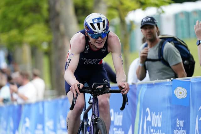 Great Britain's Samuel Dickinson sets the pace on the bike during The AJ Bell 2021 World Triathlon Championship Series in Roundhay Park (Picture: Martin Rickett/PA Wire)