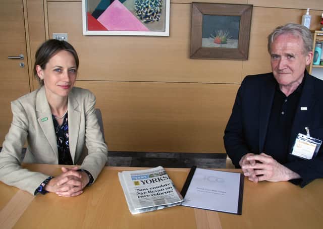 Care Minister Helen Whately with Mike Padgham and a copy of The Yorkshire Post containing an open letter to Matt Hancock.